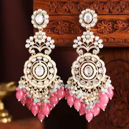 Priyaasi Gold-Plated Kundan Stone Studded & Pearls Beaded Contemporary Drop Earrings image 1