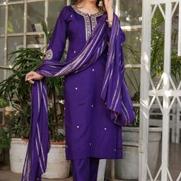ZIBLON Women Ethnic Motifs Embroidered Regular Chanderi Cotton Kurta with Trousers & With Dupatta-image-82