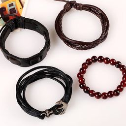 The Roadster Lifestyle Co Men Set Of 4 Beaded & Braided Leather Layer Adjustable Bracelet-image-3