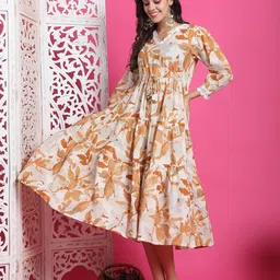 Merira Jaipuri Printed Lace Detail Tiered Pure Cotton Fit and Flare Midi Dress-picture-21