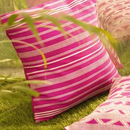 JAYPORE White And Pink Striped Cotton Square Cushion Cover-image-18