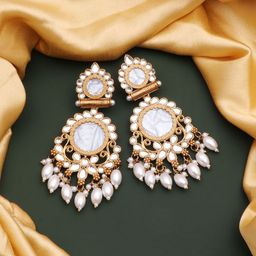 CAPILITE Jewellers Brass-Plated Kundan Studded And Pearls Beaded Circular Drop Earrings-image-98