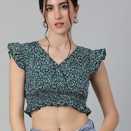 Kotty Floral Print Flutter Sleeve Crepe Crop Top-48