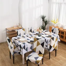 FAVRIA Set Of 7 Beige & Grey Chair Cover With Table Cover-30