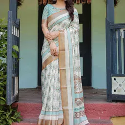 SGF11 Women Floral Printed Pure Linen Handloom Saree-picture-11