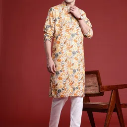 MANQ Men Floral Printed Flared Sleeves Thread Work Kurta image 5