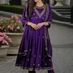 KALINI Floral Zari Embroidered Round Neck Art Silk Anarkali Kurta with Trousers & Dupatta-32