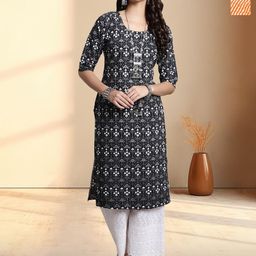 HERE&NOW Selection Of 2 Floral Printed Round Neck Straight Kurtas-image-64