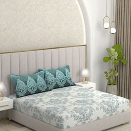 Pure Decor White & Blue Ethnic Motifs 220 TC Queen Bedsheet with 2 Pillow Covers-picture-14