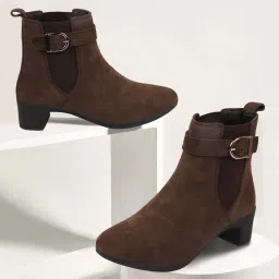 Flared Heel High Ankle Suede Leather Classic Winter Buckle Strap Chelsea Boots For Women-image-48
