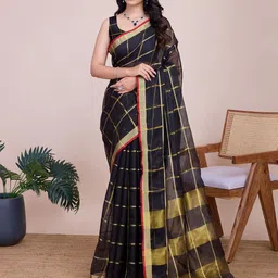 AMRUTKALA SAREES Checked Zari Saree With Blouse Piece-picture-23