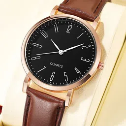 JUST LIKE Men Embellished Dial & Leather Straps Analogue Watch 601 black dial brown belt-46