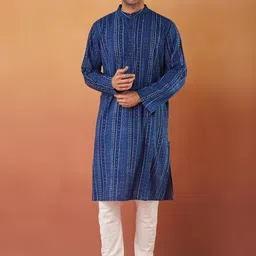 Fabindia Ethnic Motifs Printed Band Collar Cotton Straight Kurta-picture-12