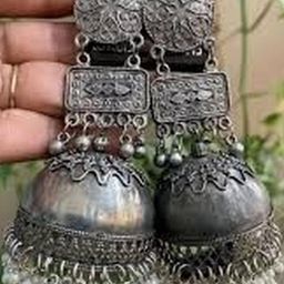 NAVJAI Beaded Oxidised Dome Shaped Stainless Steel Jhumkas-image-80