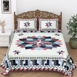 Desi Mantra White & Blue Floral Printed 120 TC Queen Bedsheet Set 2.29 m x 2.77 m-image-88