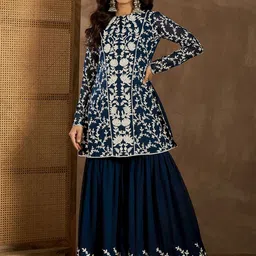 Inddus Embroidered Round Neck Top With Palazzos Co-Ords Set-picture-13