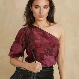 RAREISM Women Floral Printed One Shoulder Short Sleeves Top-image-25