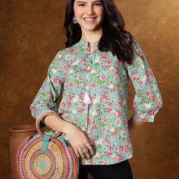 HERE&NOW Women Floral Printed Mandarin Collar Puff Sleeve Cotton Top-image-71