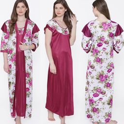 PHALIN Women Multicoloured Satin Printed Nightdress-image-88