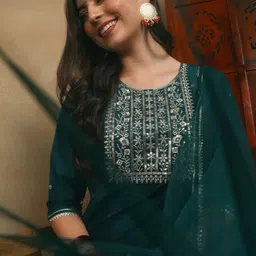 KALINI Embroidered Regular Kurta with Trousers & Dupatta image 2