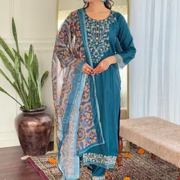 Growdamy Floral Yoke Design Chanderi Silk Straight Kurta & Trousers With Dupatta-picture-20