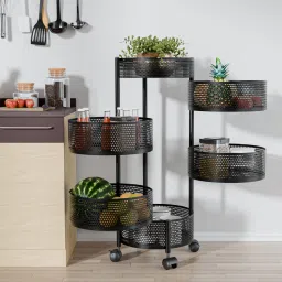 5+1 Layer Kitchen Metal Storage Rack with Wheels | Round Shape - Black Iron Kitchen Trolley-74