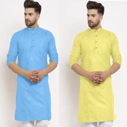 Pack of 2 Men Embroidered Cotton Blend Straight Kurta-image-100