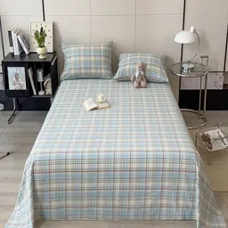 JC HOME White & Blue Checked Pure Cotton 220 TC Queen Bedsheet Set-2.30 m x 1.80 m-picture-21