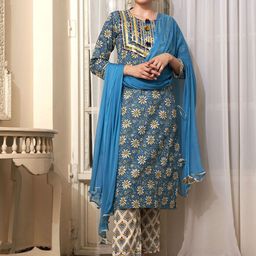 BANDIA Women Floral Printed Regular Gotta Patti Pure Cotton Kurta with Trousers & With Dupatta-image-14