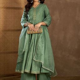 Inddus Women Ethnic Motifs Self Design Thread Work Kurta with Palazzos & With Dupatta-image-71