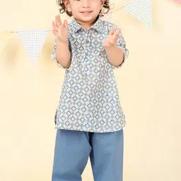 Fabindia Boys Ethnic Motifs Printed Roll-Up Sleeves Pure Cotton Kurta with Pyjamas-picture-6