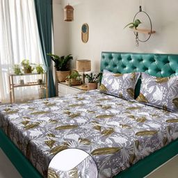 KLOTTHE Grey & Green Floral Printed 300 TC Double Bedsheet Set - 2.7 m x 2.7 m-4