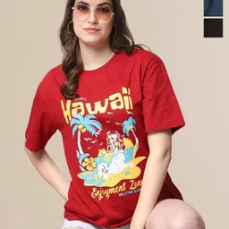 Mast & Harbour Women Pack of 3 Graphic Printed Round Neck Cotton Oversized T-shirts-picture-43