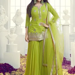 Inddus Floral Embroidered Notch Neck Georgette Straight Kurta With Sharara & Dupatta-33
