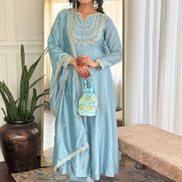 Brand Hill Floral Embroidered Notch Neck Sequinned Anarkali Kurta With Trousers & Dupatta-picture-16