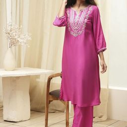 Biba Floral Yoke Design Sequinned Notch Neck Straight Kurta With Palazzos-image-55