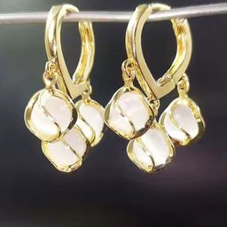 Fashion Frill Stainless Steel Gold Plated Pearls Beaded Contemporary Drop Earrings-51