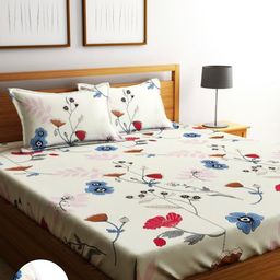 Aura White & Red Floral 300 TC King Fitted Bedsheet with 2 Pillow Covers-6