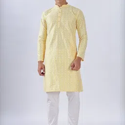 Anouk Men Yellow Cotton Embroidered Straight Kurtas-picture-0