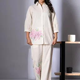 AUTUMN LANE Floral Embroidered Shirt Collar Pure Cotton Shirt With Trouser-picture-41