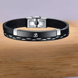 M Men Style Silver-Plated Stainless Steel OM Leather Wraparound Bracelet-image-50