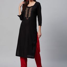 JC4U Floral Yoke Design Round Neck Beads And Stones Straight Kurta-image-6
