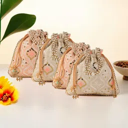 Kuber Industries Cream & Peach 4 Pieces Pearl Embroidered Potli Clutchs-31
