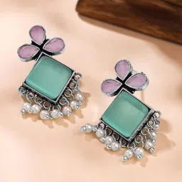 Yellow Chimes Silver Plated Artificial Stones and Beads Oxidised Drop Earrings-11