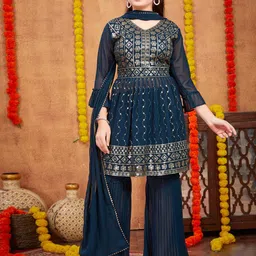 Sangria Girls Floral Embroidered Sequinned A-Line Kurta With Sharara & Dupatta-picture-54