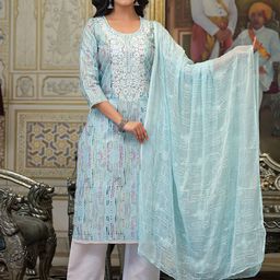 Label Khoj Embroidered Thread Work Pure Cotton Kurta With Trousers And Dupatta-14