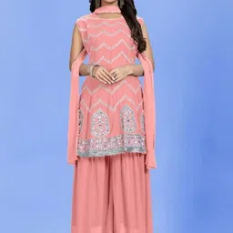 PARROT CREATION Women Embroidered Regular Sequinned Kurti with Sharara & With Dupatta-image-30