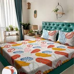 Arrabi Cream-Coloured & Orange Floral 300 TC King Bedsheet with 2 Pillow Covers-91