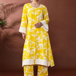 Anouk Floral Printed Round Neck Panelled Thread Work Pure Cotton Kurta With Trouser-picture-26