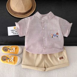 LULU & SKY Boys Striped Pure Cotton Shirt With Shorts-picture-40